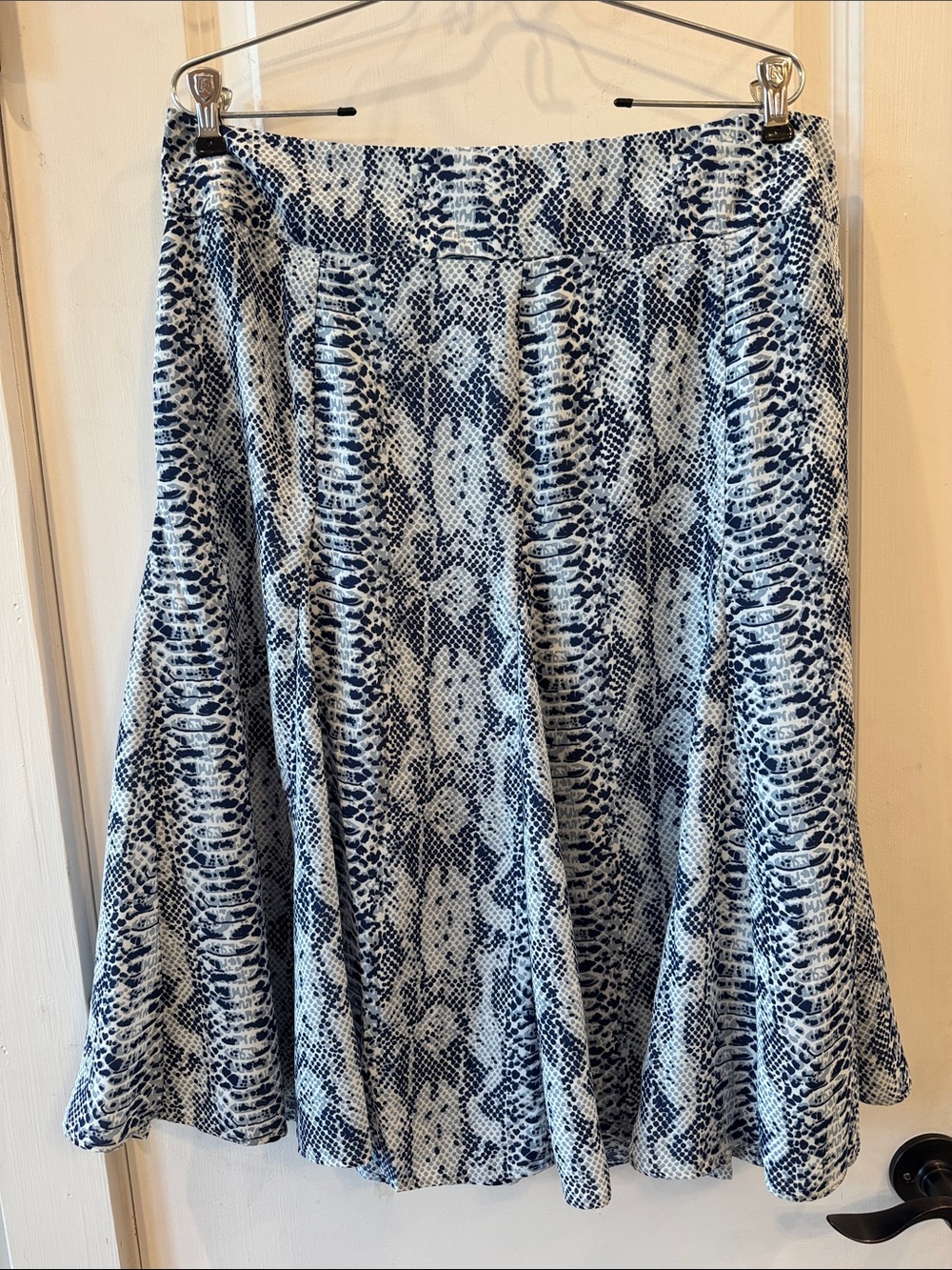 Dennis Basso Navy and White Snake-Print A-Line Twirl Paneled Midi Skirt